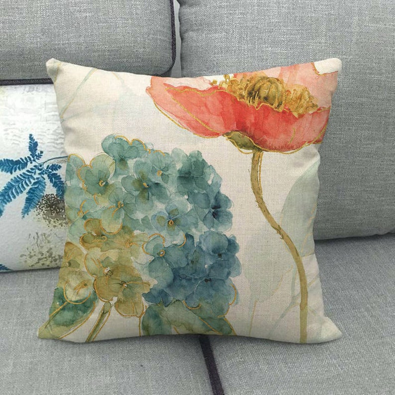 golden edge blue watercolor flower design linen/cotton throw pillow