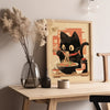 Noodle Black Cat Poster Tokyo Art Print Edo Period Ramen Noodles Art Japan Black Cat Poster Eating Hungry Cat For Kitchen Wall Art